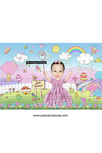 Caricatura criança linda convite de bebezinha linda, menina no Jardim mágico encantado cheio de borboletas, gogumelos, passarinhos, abelhinhas, florzinhas, caracol, arcos iris,sapinhos super colorida 