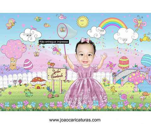 Caricatura criança linda convite de bebezinha linda, menina no Jardim mágico encantado cheio de borboletas, gogumelos, passarinhos, abelhinhas, florzinhas, caracol, arcos iris,sapinhos super colorida 