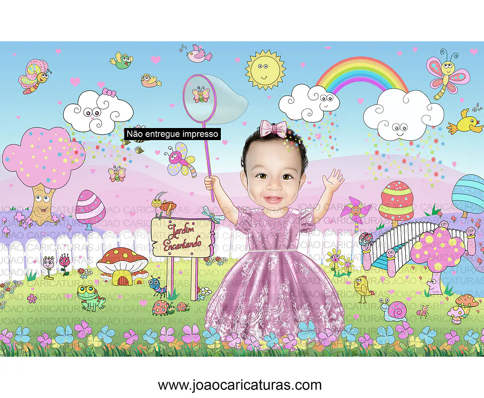 Caricatura criança linda convite de bebezinha linda, menina no Jardim mágico encantado cheio de borboletas, gogumelos, passarinhos, abelhinhas, florzinhas, caracol, arcos iris,sapinhos super colorida  2