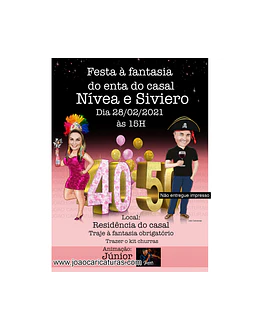 Caricatura convite aniversário duplo casal apaixonado bodas boteco festa fantasia pirata convite digital 30 40 50 60 anos desenho realista idêntico champanhe rose balões samba música ao vivo
