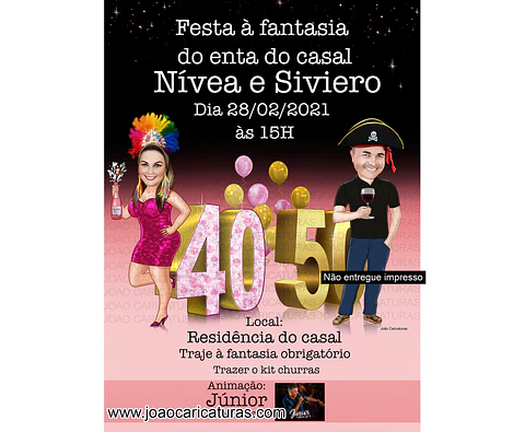 Caricatura convite aniversário duplo casal apaixonado bodas boteco festa fantasia pirata convite digital 30 40 50 60 anos desenho realista idêntico champanhe rose balões samba música ao vivo
