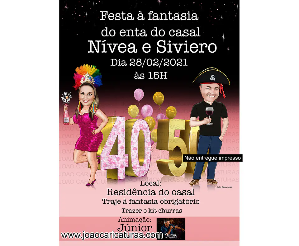 Caricatura convite aniversário duplo casal apaixonado bodas boteco festa fantasia pirata convite digital 30 40 50 60 anos desenho realista idêntico champanhe rose balões samba música ao vivo 1