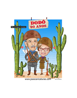 Caricatura casal abraçados cangaceiro nordestino agreste cactos lampião maria bonita 60 70 80 90 anos idoso homenagem postumas espingarda