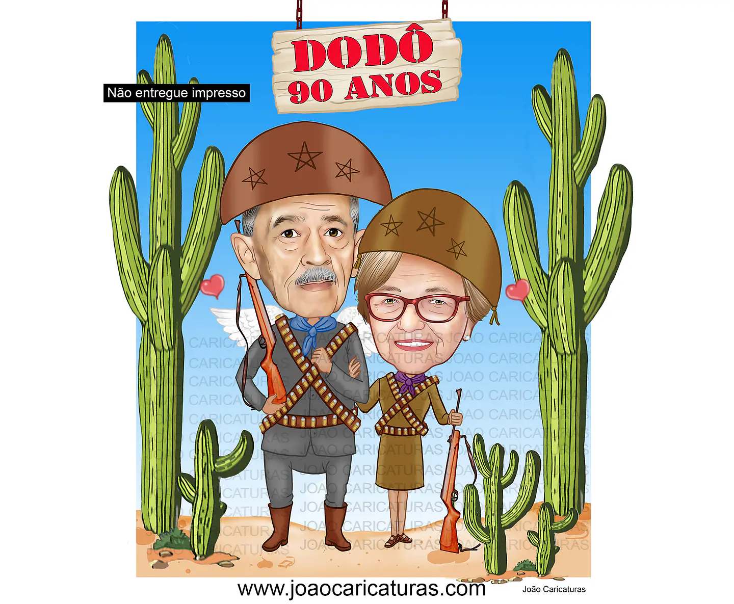 Caricatura casal abraçados cangaceiro nordestino agreste cactos lampião maria bonita 60 70 80 90 anos idoso homenagem postumas espingarda 1