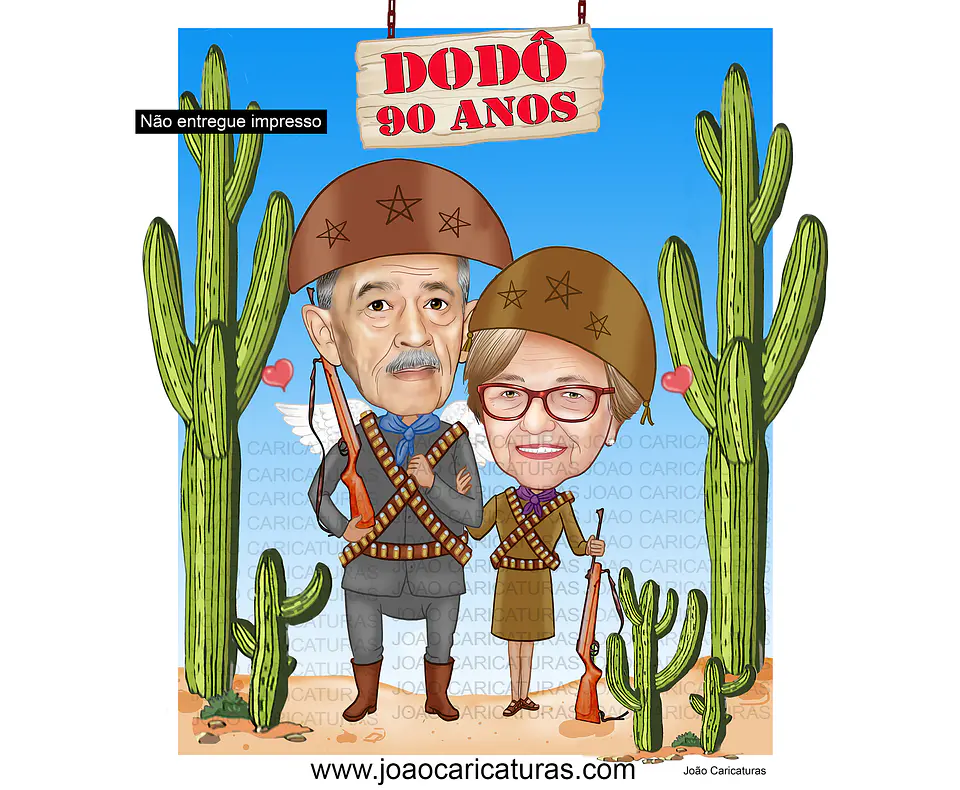Caricatura casal abraçados cangaceiro nordestino agreste cactos lampião maria bonita 60 70 80 90 anos idoso homenagem postumas espingarda 1