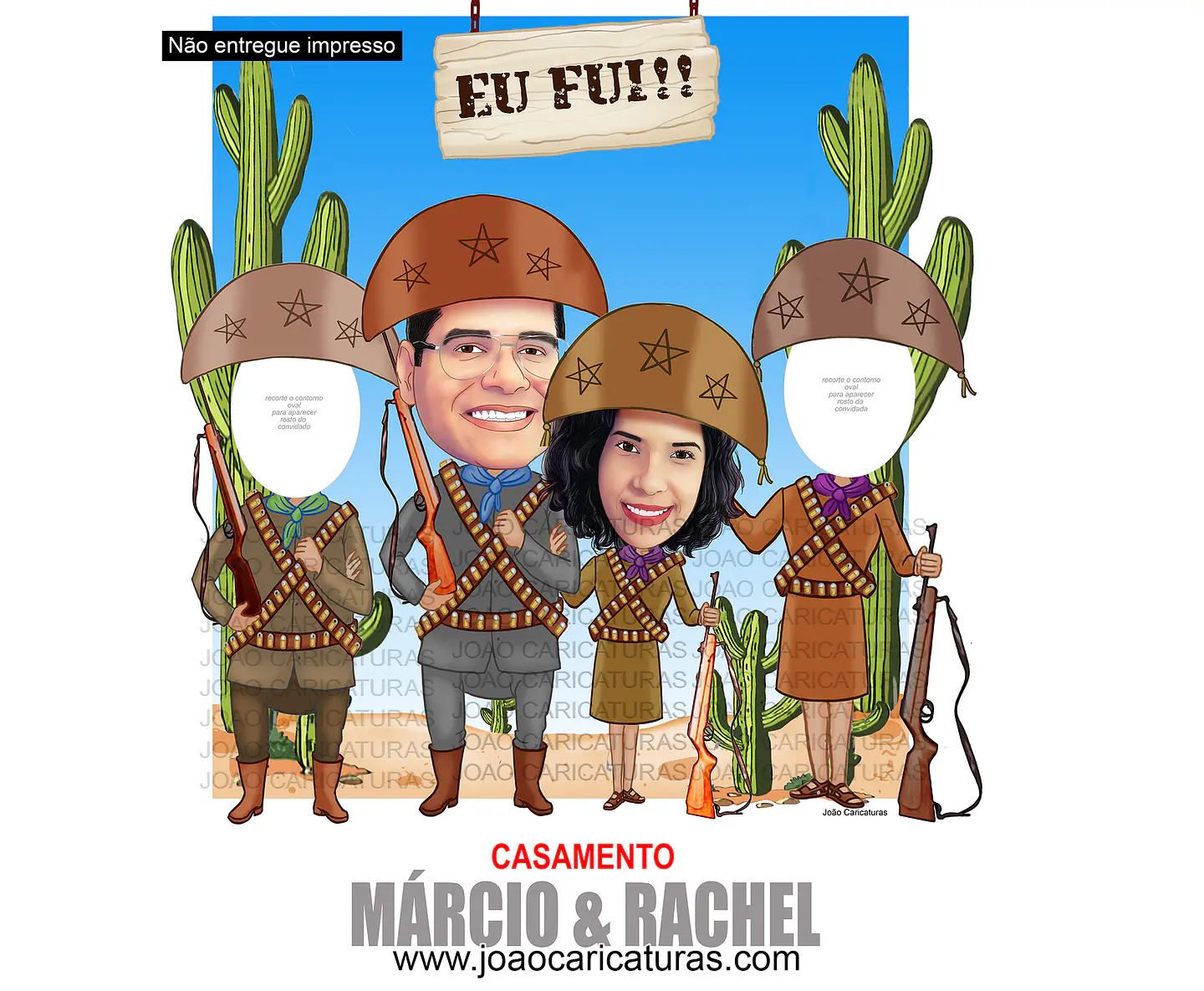 Caricatura casal abraçados cangaceiro nordestino agreste cactos lampião maria bonita 60 70 80 90 anos idoso homenagem postumas espingarda 2