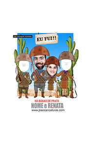Caricatura casal abraçados cangaceiro nordestino agreste cactos lampião maria bonita 60 70 80 90 anos idoso homenagem postumas espingarda