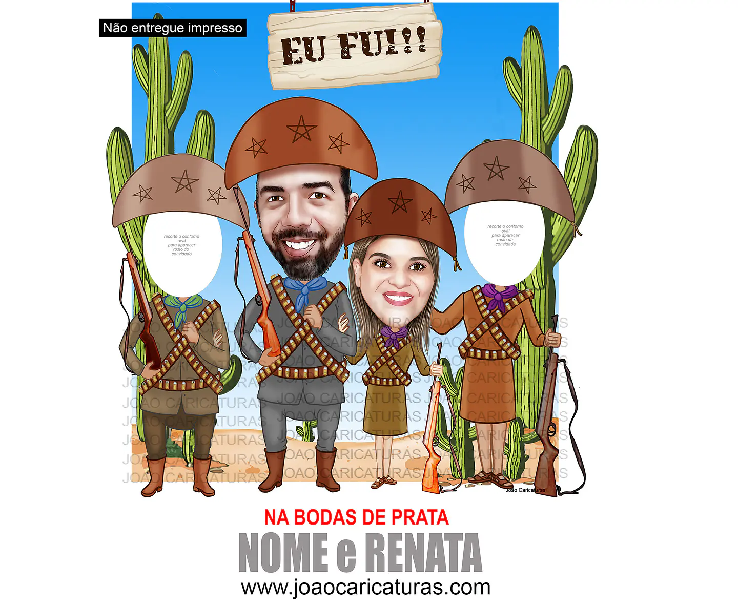 Caricatura casal abraçados cangaceiro nordestino agreste cactos lampião maria bonita 60 70 80 90 anos idoso homenagem postumas espingarda 3