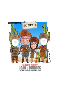 Caricatura casal abraçados cangaceiro nordestino agreste cactos lampião maria bonita 60 70 80 90 anos idoso homenagem postumas espingarda