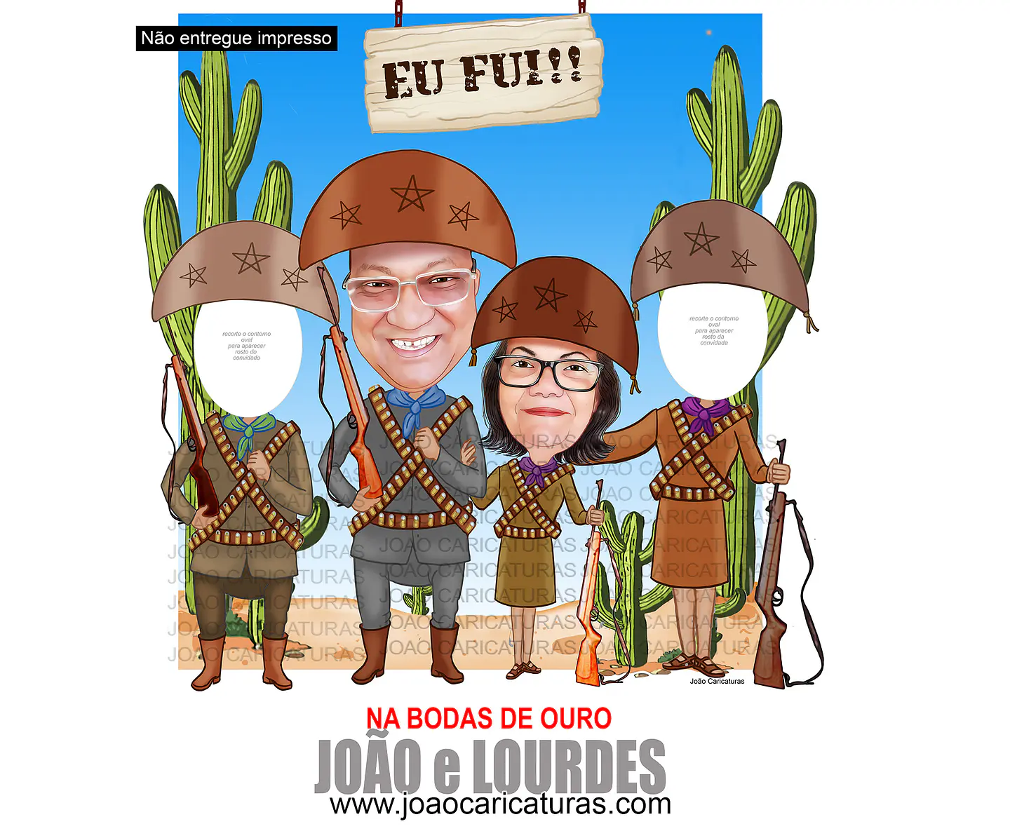 Caricatura casal abraçados cangaceiro nordestino agreste cactos lampião maria bonita 60 70 80 90 anos idoso homenagem postumas espingarda 4