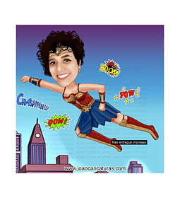 Caricatura aniversário mulher maravilha mãe filha , heroína, voando, super, destemida, corajosa, direito das mulheres, feminina, poderosa, rainha