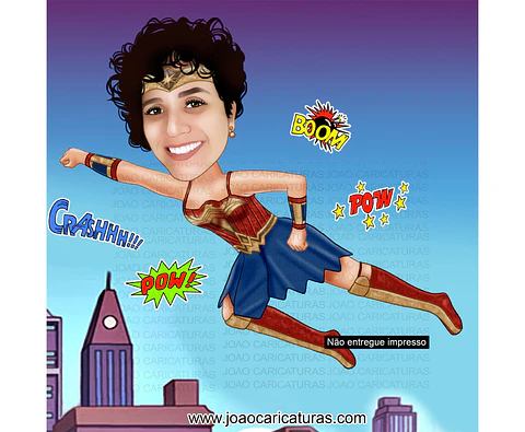Caricatura aniversário mulher maravilha mãe filha , heroína, voando, super, destemida, corajosa, direito das mulheres, feminina, poderosa, rainha