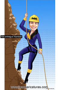 Caricatura aniversário mulher escalando, alpinismo,jump, montanhismo, mãe filha , dançarina, acrobacias, super, destemida, corajosa, polidance, fantasia, palco, cortinas,show,cat woman