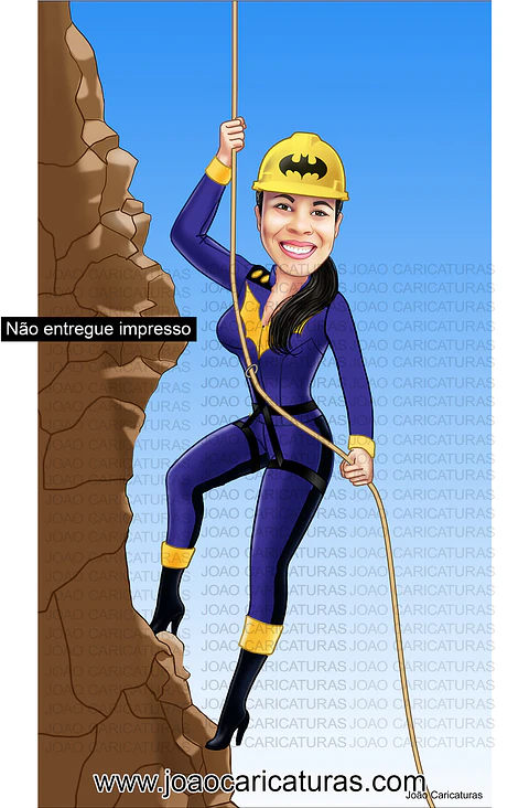 Caricatura aniversário mulher escalando, alpinismo,jump, montanhismo, mãe filha , dançarina, acrobacias, super, destemida, corajosa, polidance, fantasia, palco, cortinas,show,cat woman