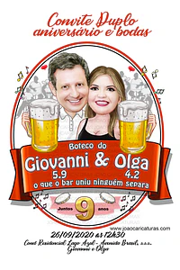 Caricatura convite aniversário duplo casal apaixonado bodas boteco festa fantasia pirata convite digital 30 40 50 60 anos desenho realista idêntico champanhe rose balões samba música ao vivo