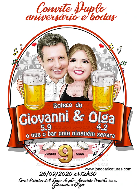 Caricatura convite aniversário duplo casal apaixonado bodas boteco festa fantasia pirata convite digital 30 40 50 60 anos desenho realista idêntico champanhe rose balões samba música ao vivo