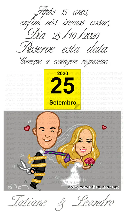 Caricatura simplificada  de casal casamento convite reserve esta data avatar noiva puxando pela gravata noivo amarrado nupcial
