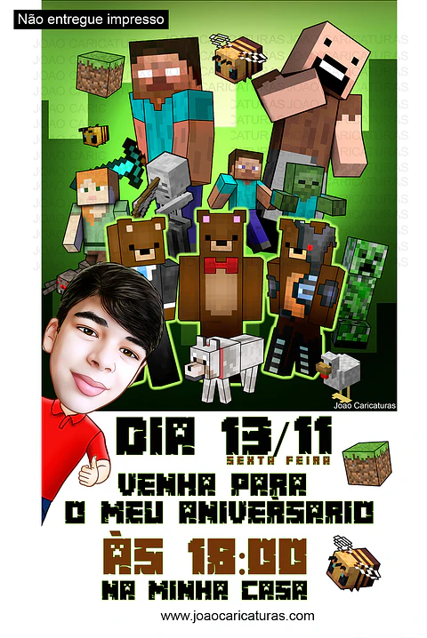 Linda Caricatura convite aniversário menino garoto filhocriança jogo Minecrafit game viciado
