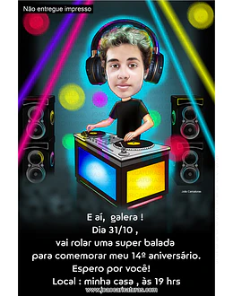Caricatura digital de aniversário menino DJ balada música festa dança irada adolescente show cantor