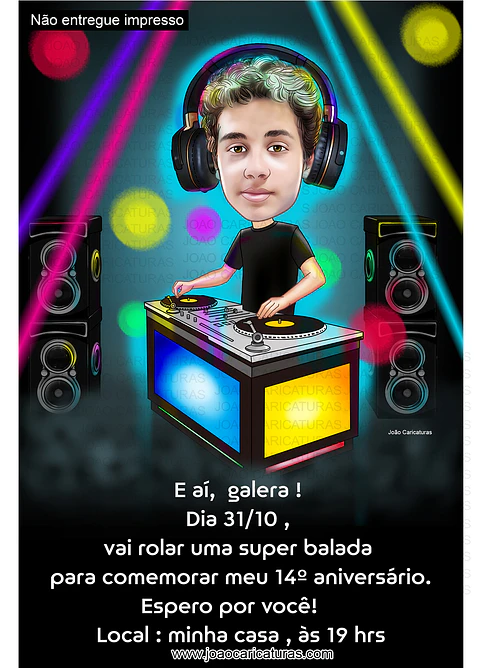 Caricatura digital de aniversário menino DJ balada música festa dança irada adolescente show cantor