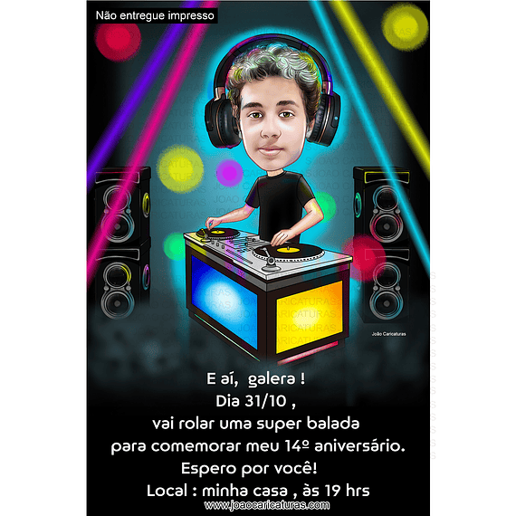 Caricatura digital de aniversário menino DJ balada música festa dança irada adolescente show cantor
