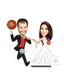 Caricaturas  casal estilo super detalhada casamento, noiva super linda, vestido , puxando gravata, corpo violão,jogador, palmeiras basquete,futebol salão, time camiseta internacional, puxando corda 