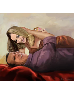 caricaturas Pintura Realista casal deitados abraçando apaixonados sensual romântica  digitais delicados imitando tela a óleo