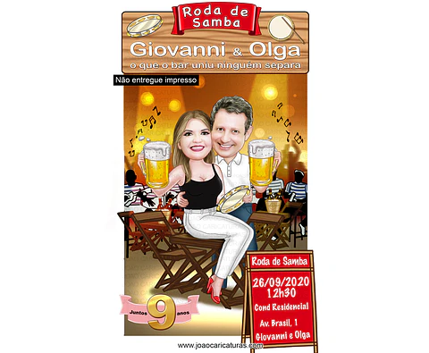 Caricatura convite Digital -Tema boteco duplo, casal, pandeiro, roda samba, pagode, musica ao vivo, banda, ambiente bar, barzinho, casa show,apaixonados,aniversário, convite duplo,