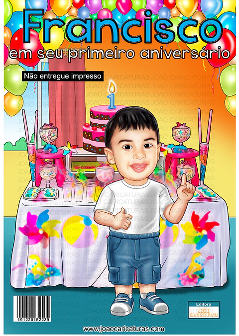 Caricatura aniversário criança menino filho bebê neto netinho 1 2 3 anos imagem imitando capa de gibi mesa bolo enfeites balões 1 aninho infantil primeiro aniversário
