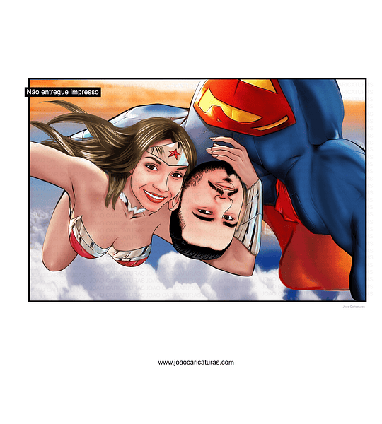 caricaturas casal namorados marido mulher esposo esposa realista casamento mulher maravilha e superman abraçando apaixonados sensual romântica  digitais delicados presente quadrinho heróis