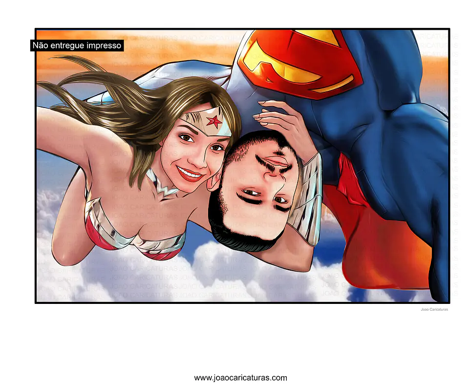caricaturas casal namorados marido mulher esposo esposa realista casamento mulher maravilha e superman abraçando apaixonados sensual romântica  digitais delicados presente quadrinho heróis 3