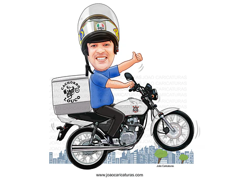 Caricatura aniversário homem motoqueiro motoboy, cachorro louco, entregas, rápidas,cidade,profissão, duas rodas,pai, marido,moto, motocicleta trabalhador, rápido, aviador,piloto, avião,aeronave