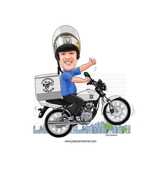 Caricatura aniversário homem motoqueiro motoboy, cachorro louco, entregas, rápidas,cidade,profissão, duas rodas,pai, marido,moto, motocicleta trabalhador, rápido, aviador,piloto, avião,aeronave