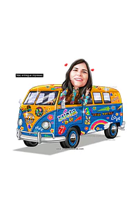Caricatura aniversário mulher mãe, tia, irmã senhora, dirigindo kombi, hippie, 1960 e 1970, paz e amor, psicodélico, antiga, perua