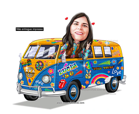 Caricatura aniversário mulher mãe, tia, irmã senhora, dirigindo kombi, hippie, 1960 e 1970, paz e amor, psicodélico, antiga, perua