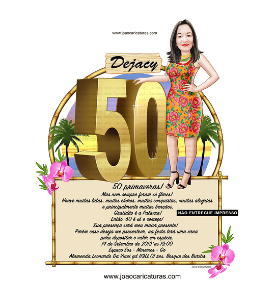 Caricaturas aniversário convite mulher senhora praia mar bambu  com vestido, no aniversário tema havaiana 30 40 50 60 40+1 anos fina melhor requintada detalhada feminina bonita maravilhosa bom gosto 