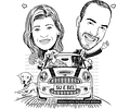 Caricatura casamento com carros sem cor (preto e branco), casal, automóvel, dirigindo, noiva, noivo marido mulher, bodas