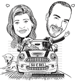 Caricatura casamento com carros sem cor (preto e branco), casal, automóvel, dirigindo, noiva, noivo marido mulher, bodas