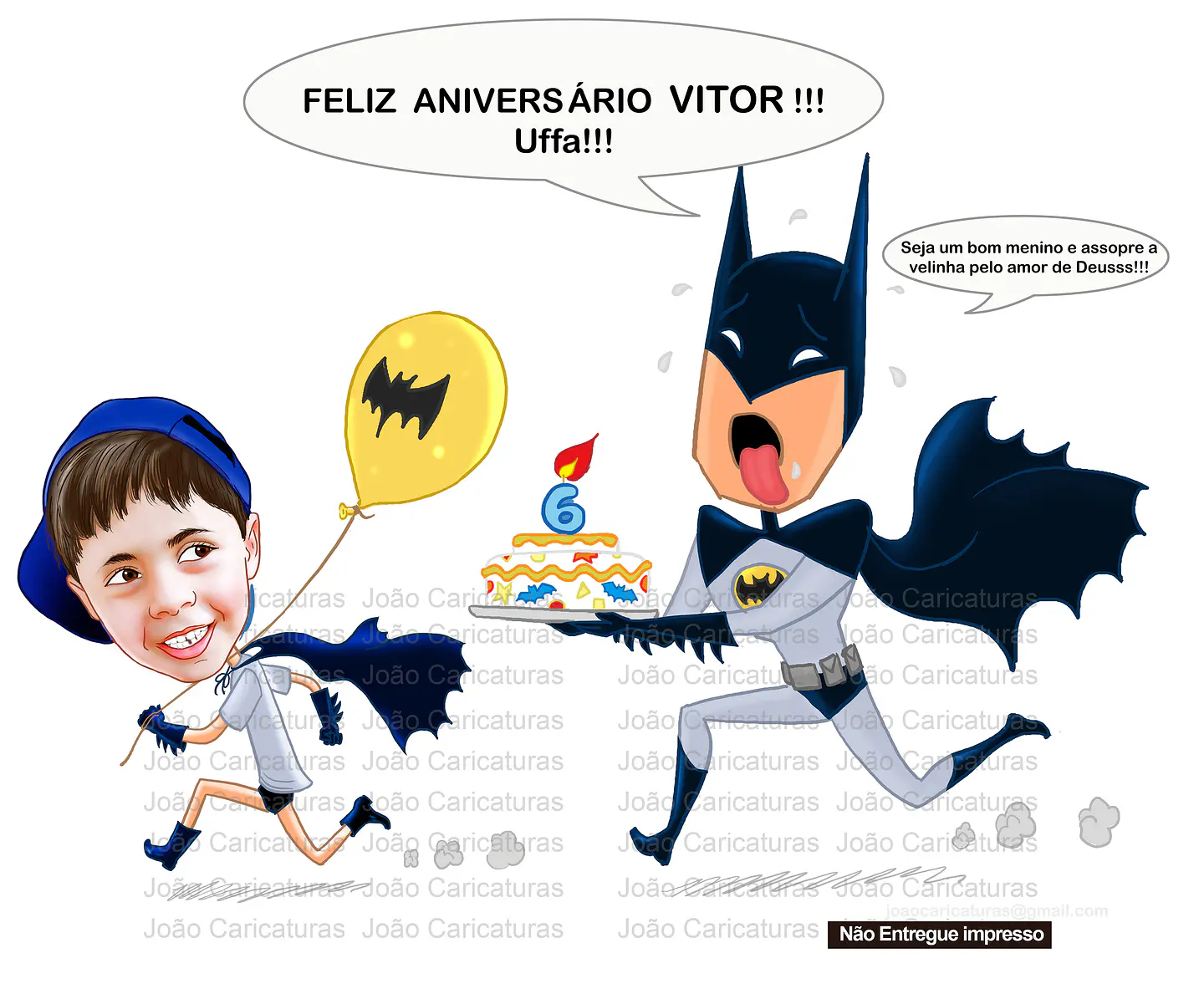 Caricatura aniversário criança filho neto sobrinho bebê garoto filho menino  tema batman, homem morcego 1