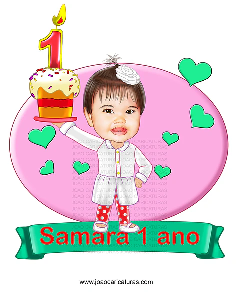 Caricatura aniversário bebê menina sorridente roupinha chápeu Mundo de Bita realista bolinho 1 aninho p imprimir banner angelical delicada presentear arte ilustração 