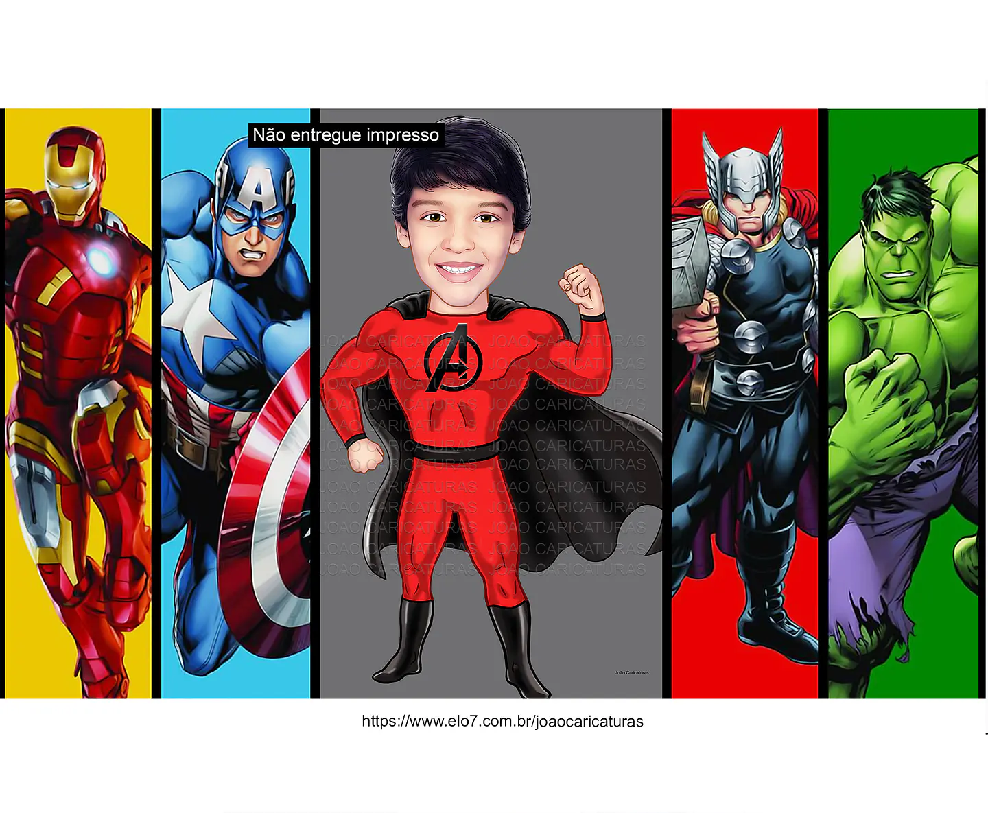  Caricatura digital Caricatura Aniversário heróis super menino garoto boy vingadores avenger Capitão América hulk, homem de ferro, hopmem aranha, thor 1