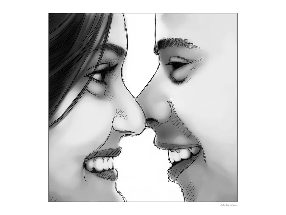 Caricatura desenho de casal meio tom de cinza, namorados,pinguim, marido esposa,lembrança da pessoa.Mãe,filha, família 1
