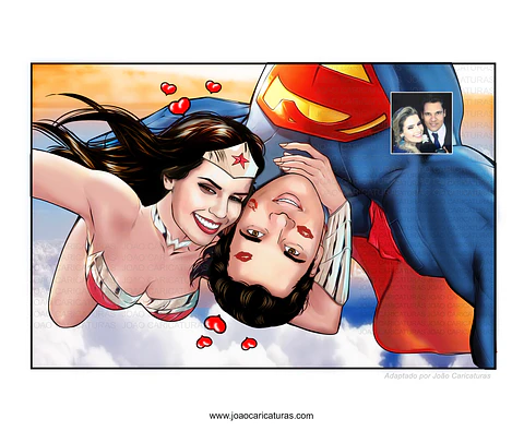 caricaturas casal namorados marido mulher esposo esposa realista casamento mulher maravilha e superman abraçando apaixonados sensual romântica  digitais delicados presente quadrinho heróis