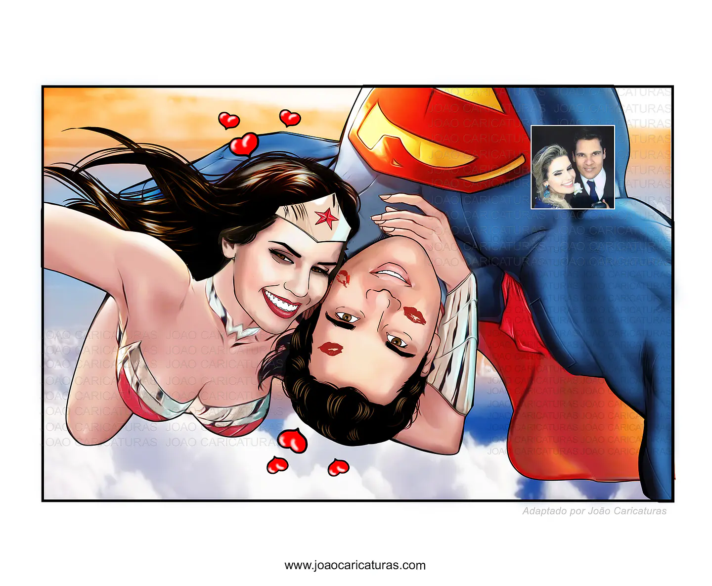 caricaturas casal namorados marido mulher esposo esposa realista casamento mulher maravilha e superman abraçando apaixonados sensual romântica  digitais delicados presente quadrinho heróis 1
