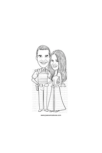 Caricatura casal  traço sem cor corel casamento noivo noiva drone controle remoto vetor vetorial 1 cor  brindando divertida