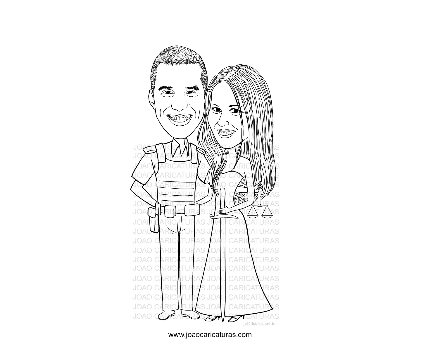 Caricatura casal  traço sem cor corel casamento noivo noiva drone controle remoto vetor vetorial 1 cor  brindando divertida 3