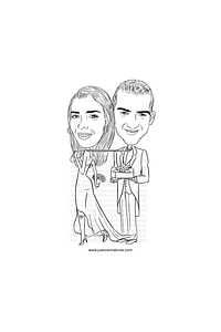 Caricatura casal  traço sem cor corel casamento noivo noiva drone controle remoto vetor vetorial 1 cor  brindando divertida