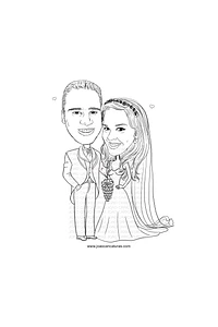 Caricatura casal  traço sem cor corel casamento noivo noiva drone controle remoto vetor vetorial 1 cor  brindando divertida