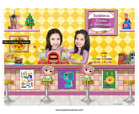 Caricatura 2 meninas crianças, gêmeas brincando comidinha pizzaria, bonecas, sanduíches, canetinhas, massinhas.