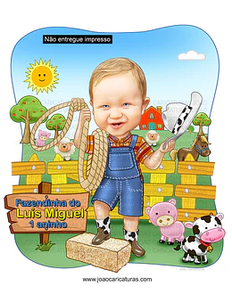 Caricatura aniversário, criança, menino,menina, garfo, brincando, tema, fazendinha, filho, bebê, cowboy, vaqueiro, laço, cerquinha, cavalo, vaquinha, porquinho, ovelha,feno, 